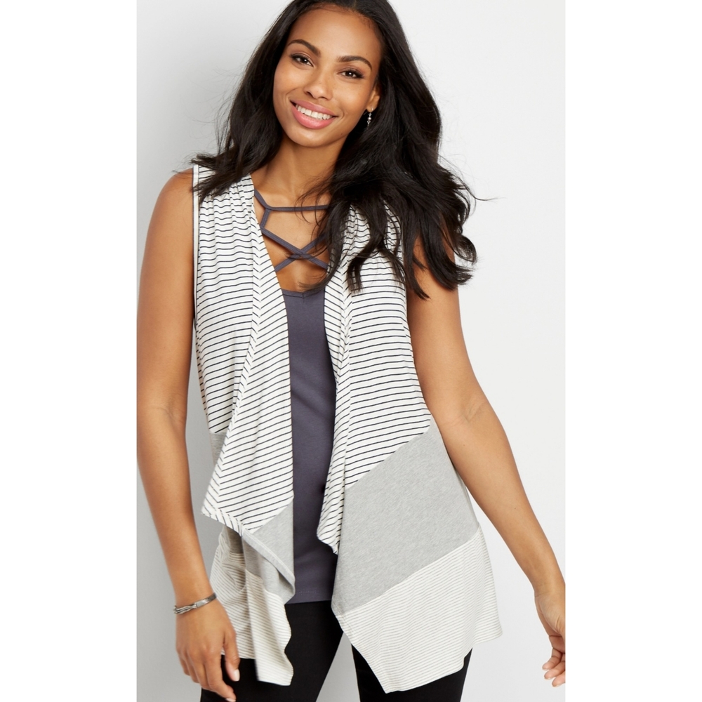 Maurices Gray and White Striped Waterfall Open Front Cardigan Top